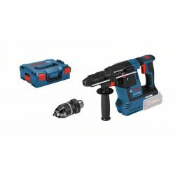 GBH 18V-26 F.  Akku-Bohrhammer mit SDS plus GBH 18V-26 F, Der GBH 18V-26 F Professional mit Schnellspannbohrfutter ist der Allrounder im Bosch SDS plus Akku-Bohrhammer Segment und damit ideal für den täglichen Einsatz. Die zusätzliche Staubabsaugung GDE 18V-16 Professional kann mit dem Bohrhammer kombiniert werden und bietet eine in sich geschlossene HEPA-Staublösung für maximale Mobilität. Der Bohrhammer verfügt außerdem über KickBack Control und Electronic Precision Control (EPC) für eine bessere Handhabung und erhöhten Anwenderschutz. Sein leistungsstarker Motor liefert 2,6 Joule Schlagenergie und eine hohe Abtragsleistung. Dieses Elektrowerkzeug eignet sich zum Bohren und Meißeln in Beton, Mauerwerk, Holz und Metall. Es ist kompatibel mit verschiedenen Systemzubehören zur Staubabsaugung und mit allen Bosch Professional 18V-Akkus und -Ladegeräten (Professional 18V System). Außerdem verfügt der GBH 18V-26 F Professional über verschiedene Zusatzfunktionen wie Constant Speed, einen bürstenlosen Motor, Electronic Motor Protection (EMP) sowie ein LED-Licht, Überlastkupplung, variable Drehzahl, Vario Lock und Vibration Control. L-BOXX 136 (1 600 A01 2G0); Zusatzhandgriff (2 602 025 141); Tiefenanschlag 210 mm (1 613 001 010); Maschinentuch (ET-Nr. 1 619 200 413); Wechselfutter SDS plus (2 608 572 213); Schnellwechselbohrfutter 13 mm (2 608 572 212); 1/1 L-BOXX-Einlage für Gerät (1 600 A00 HP1)  . 